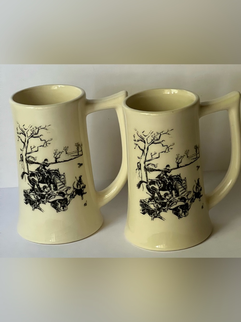 Cream Ceramic Hunting Scene Beer Mugs with Handle - Set of 2